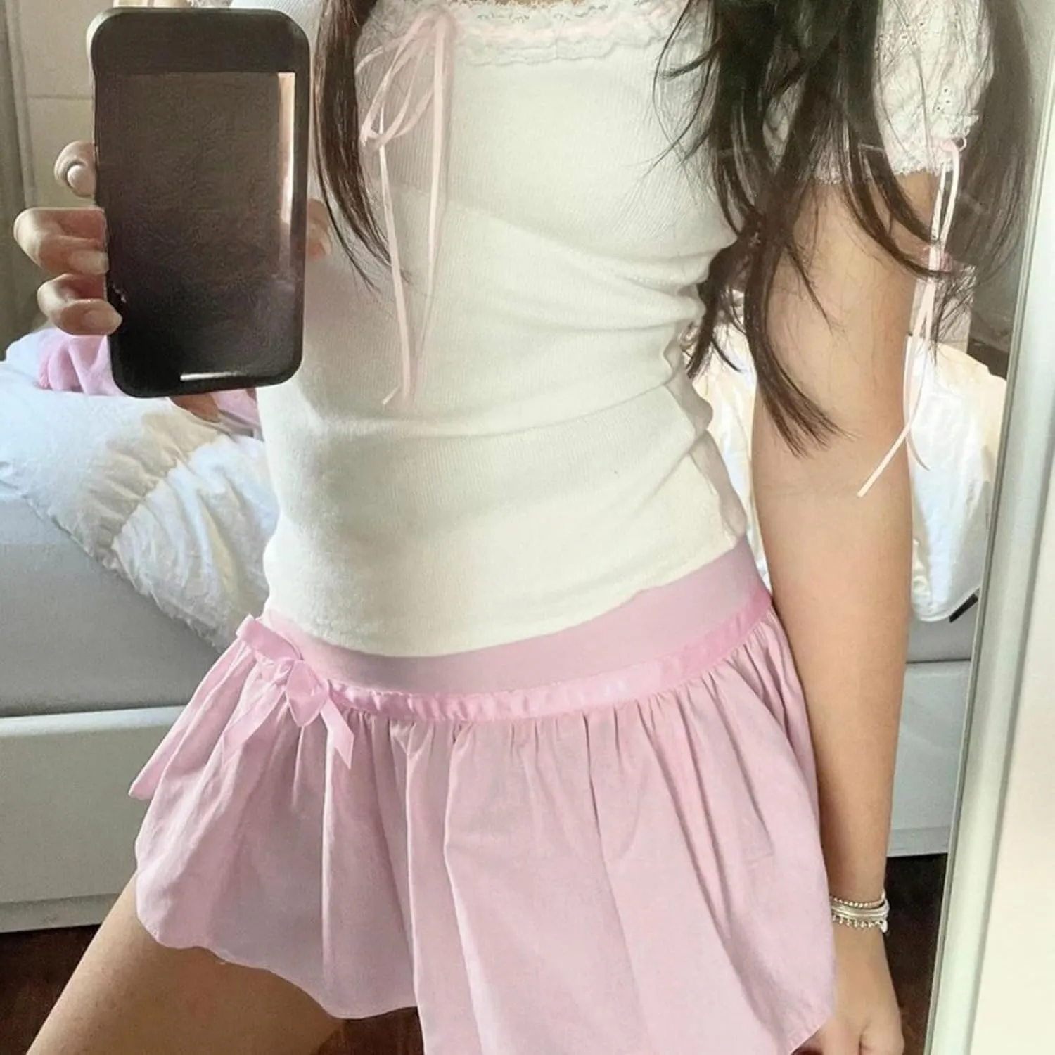 Pink Pleated Mini Skirts Bow Patchwork A Line Low Rise Skirt with Shorts Underneath Fashion Hotsweet