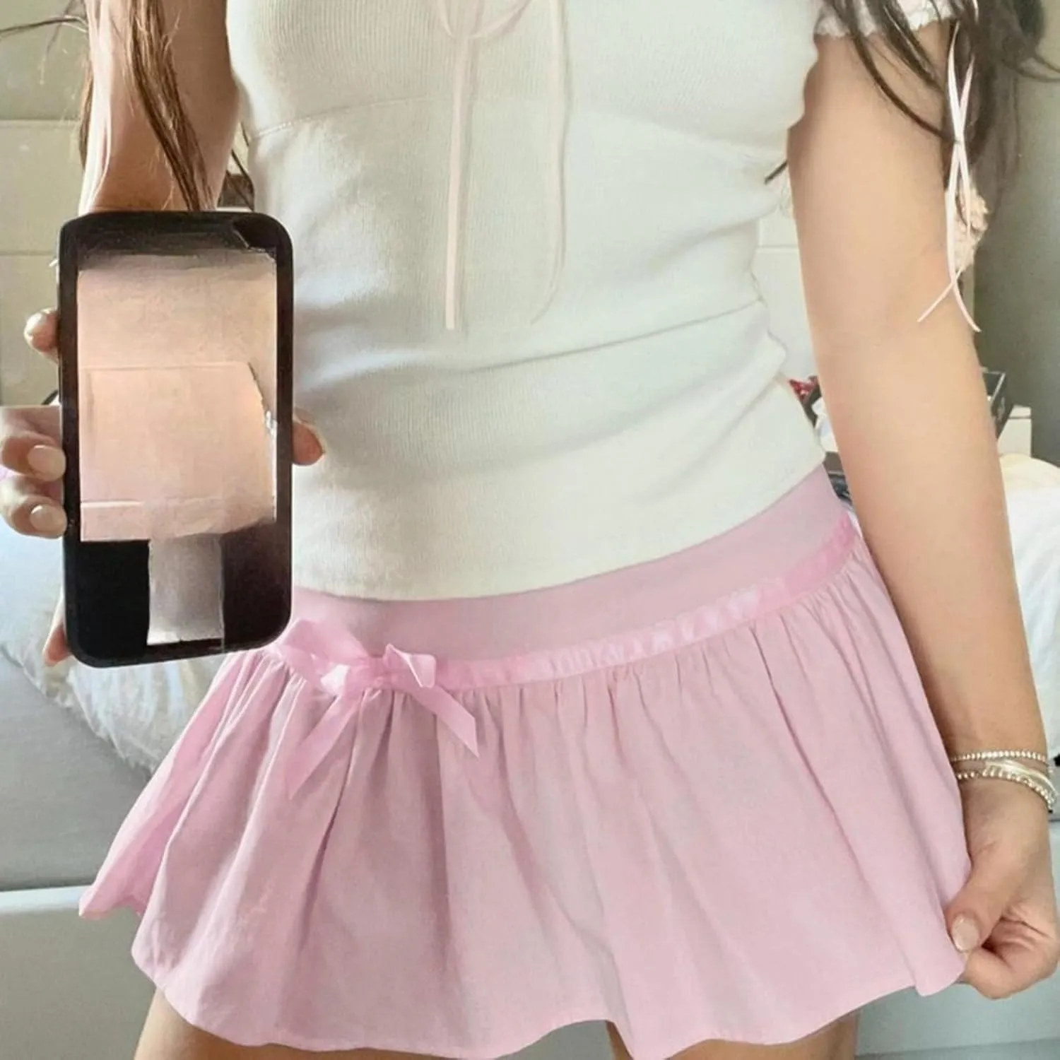 Pink Pleated Mini Skirts Bow Patchwork A Line Low Rise Skirt with Shorts Underneath Fashion Hotsweet