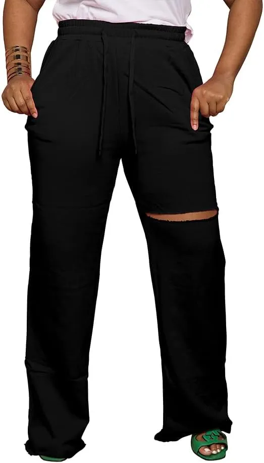 PINSV Wide Leg Pants for Women Drawstring Baggy Casual Sweatpants