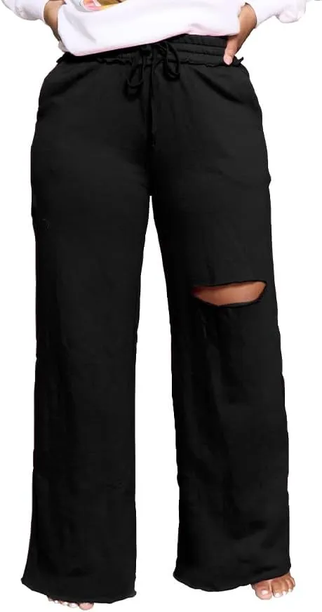 PINSV Wide Leg Pants for Women Drawstring Baggy Casual Sweatpants