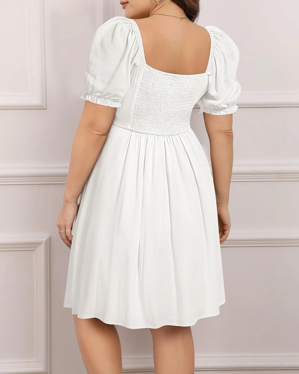 Pinup Fashion Women Plus Size Casual Puff Sleeve Smocked Short Summer Sundress A Line Babydoll Cute Mini Dresses