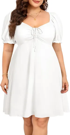 Pinup Fashion Women Plus Size Casual Puff Sleeve Smocked Short Summer Sundress A Line Babydoll Cute Mini Dresses