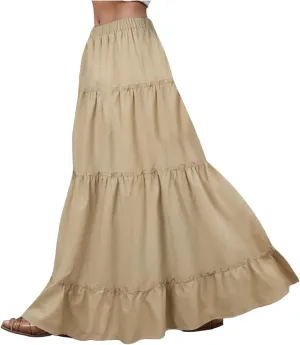 Pleated Maxi Skirts for Women Elastic Waist Boho Flowy Swing Ruffle Tiered A Line Beach Long Skirt