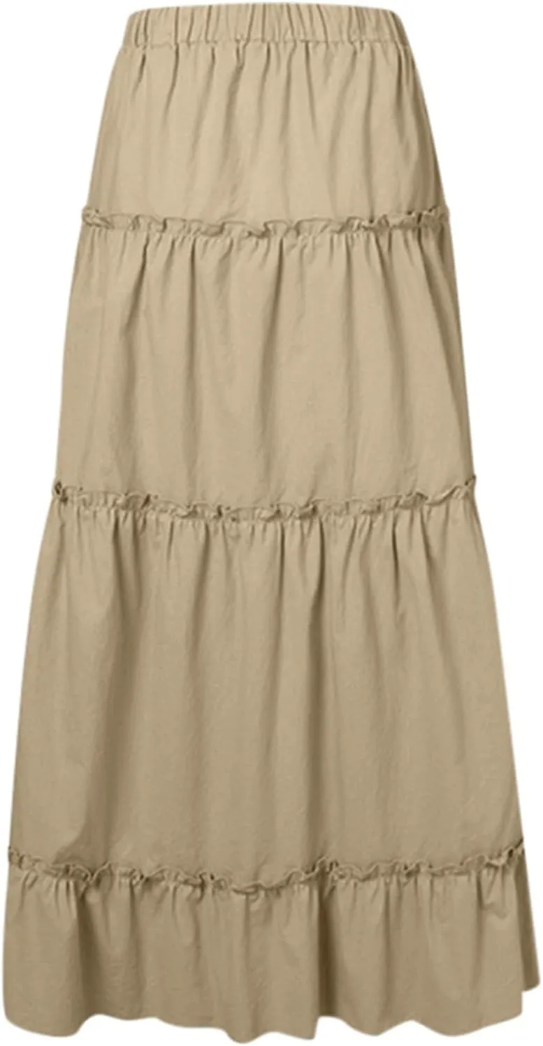 Pleated Maxi Skirts for Women Elastic Waist Boho Flowy Swing Ruffle Tiered A Line Beach Long Skirt