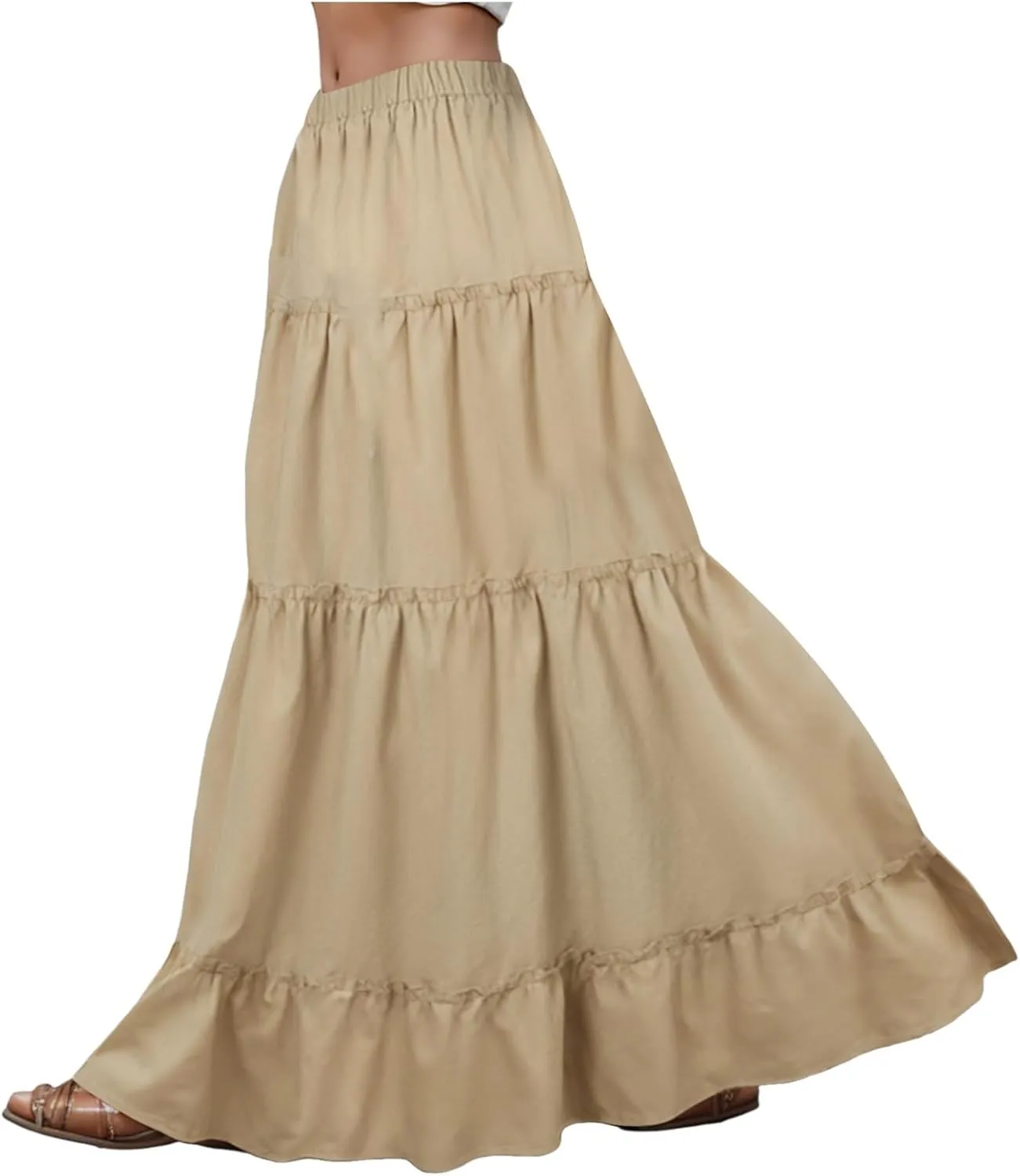 Pleated Maxi Skirts for Women Elastic Waist Boho Flowy Swing Ruffle Tiered A Line Beach Long Skirt