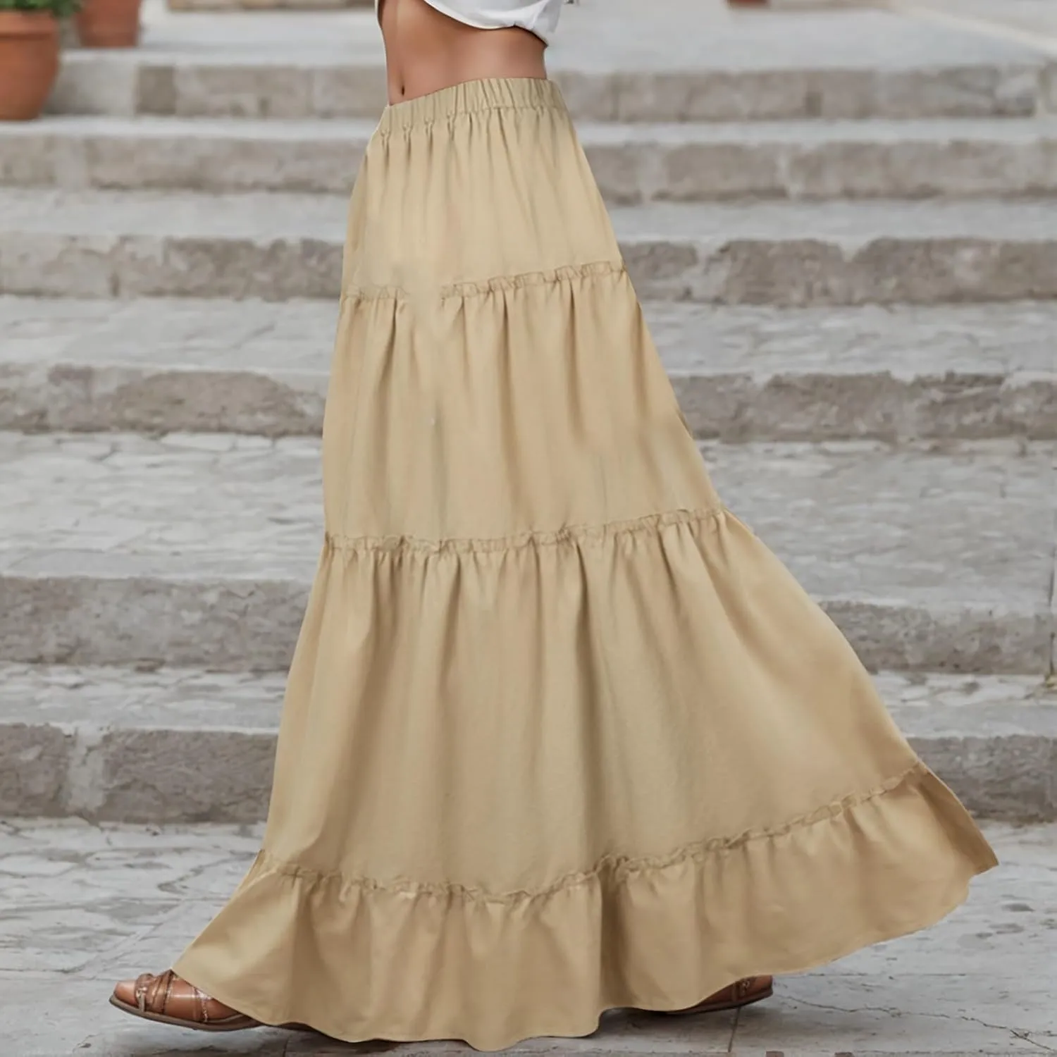 Pleated Maxi Skirts for Women Elastic Waist Boho Flowy Swing Ruffle Tiered A Line Beach Long Skirt