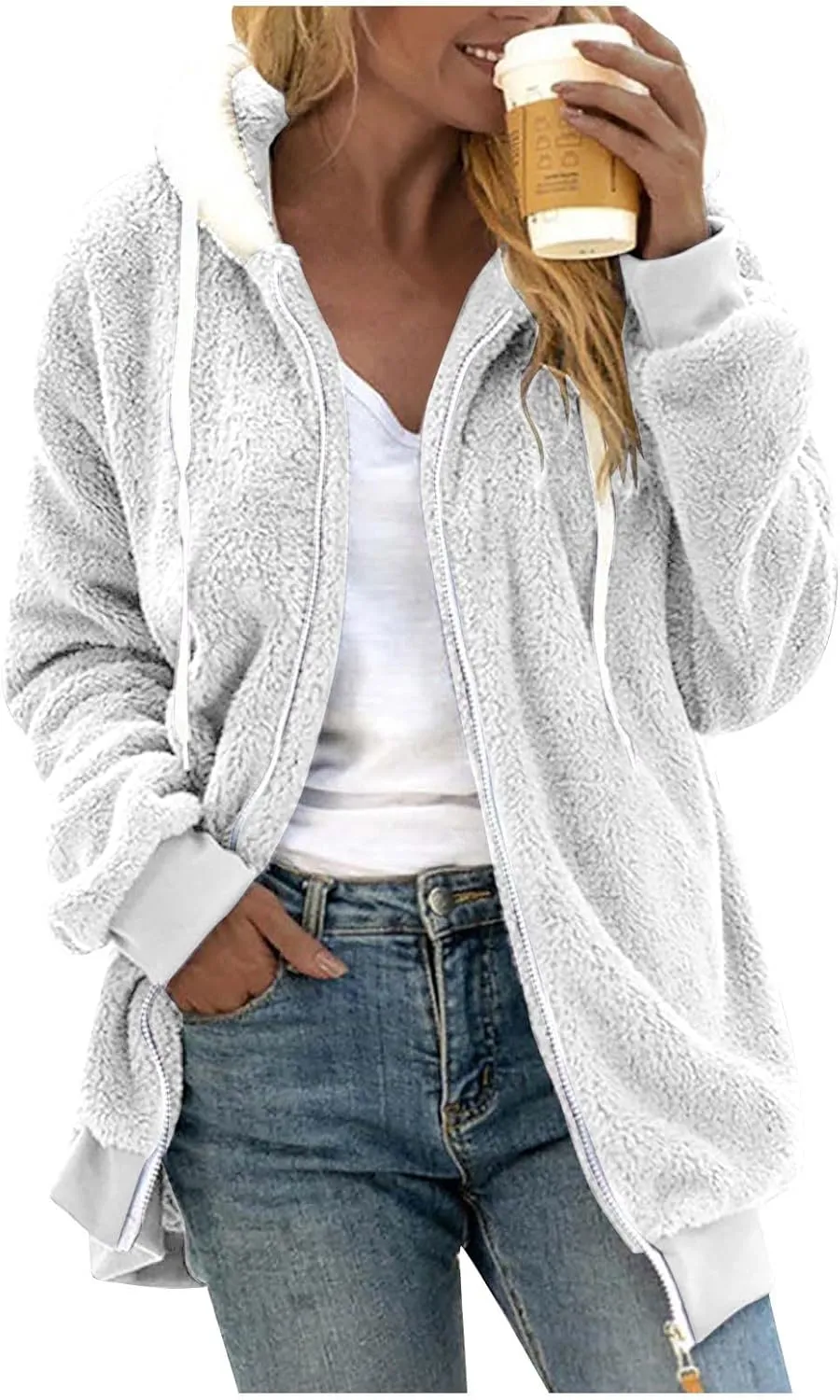 Plus Size Winter Coats for Women Drawstring Fuzzy Fleece Zip Up Hoodie Jacket Color Block Long Faux Fur Coat with Pocket