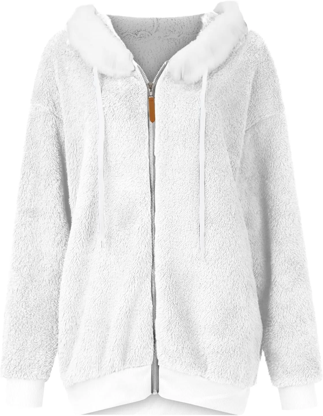 Plus Size Winter Coats for Women Drawstring Fuzzy Fleece Zip Up Hoodie Jacket Color Block Long Faux Fur Coat with Pocket
