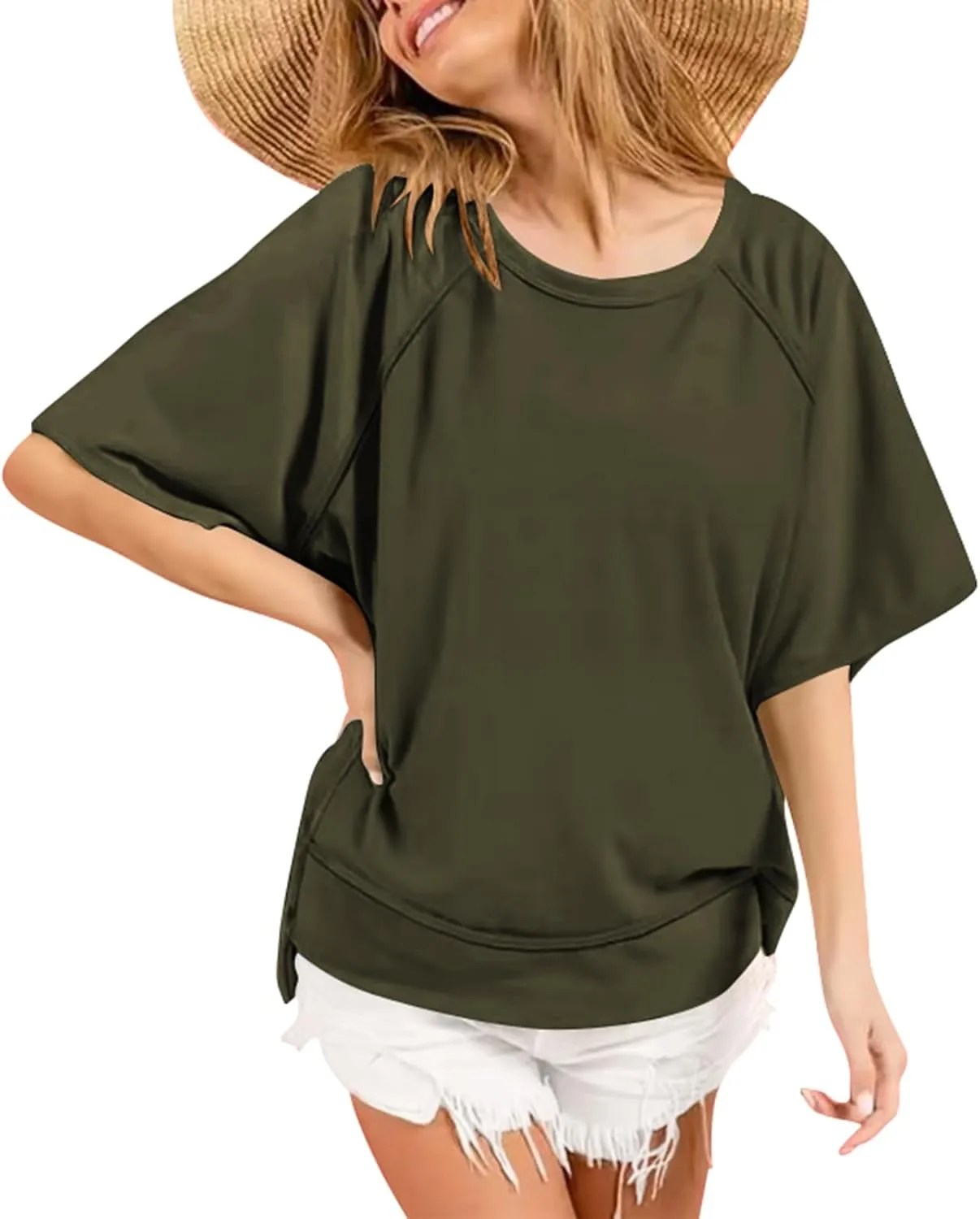Poetsky Oversized T Shirts for Women Crew Neck Short Sleeve Summer Tops Loose Casual High Low Blouses