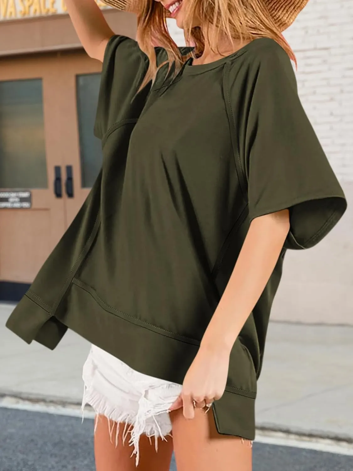 Poetsky Oversized T Shirts for Women Crew Neck Short Sleeve Summer Tops Loose Casual High Low Blouses