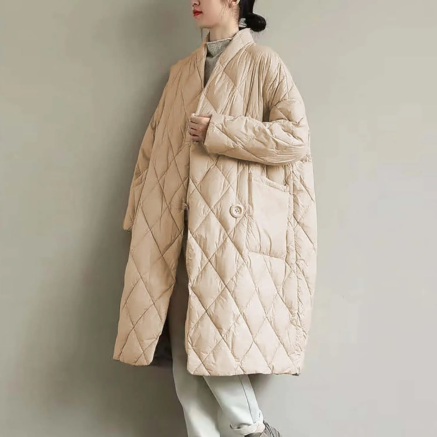 Puffer Jacket Womens Long Winter Long Sleeve Button with Pocket down Coats Casual Loose Lightweight Padded Outerwear