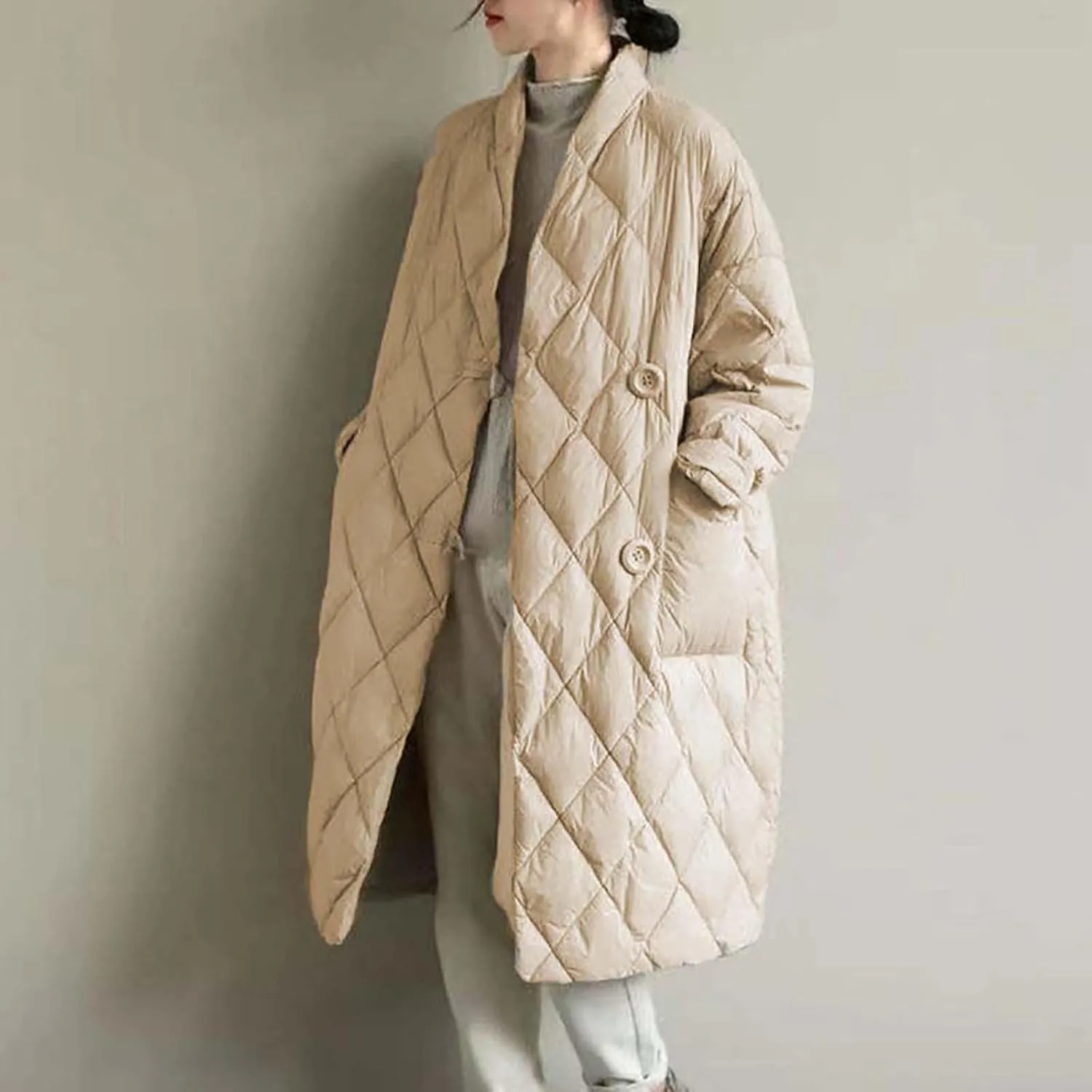 Puffer Jacket Womens Long Winter Long Sleeve Button with Pocket down Coats Casual Loose Lightweight Padded Outerwear