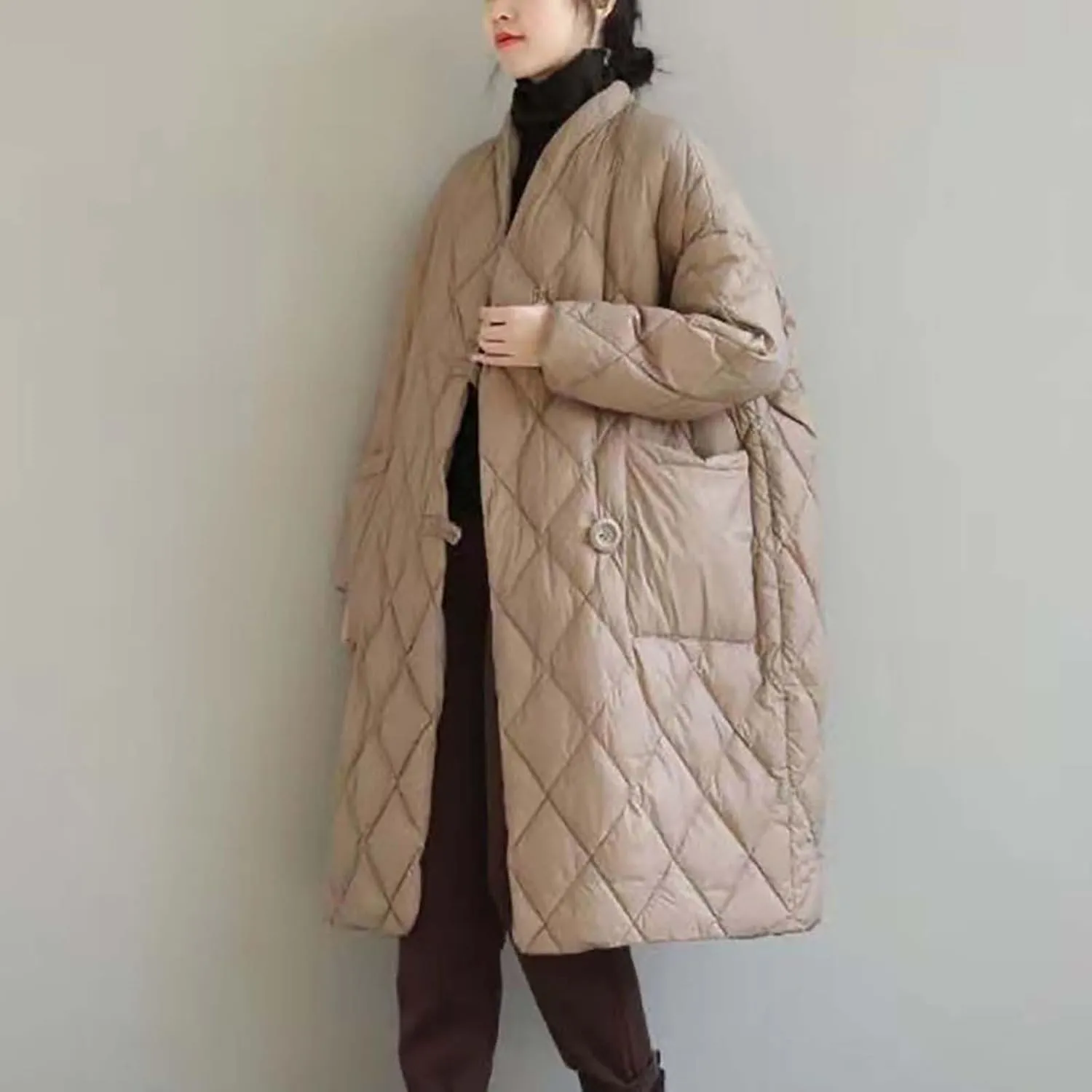 Puffer Jacket Womens Long Winter Long Sleeve Button with Pocket down Coats Casual Loose Lightweight Padded Outerwear