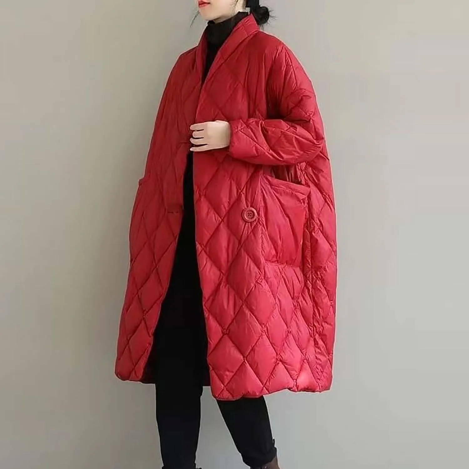 Puffer Jacket Womens Long Winter Long Sleeve Button with Pocket down Coats Casual Loose Lightweight Padded Outerwear