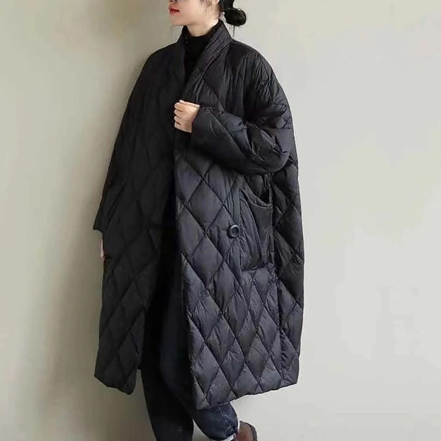 Puffer Jacket Womens Long Winter Long Sleeve Button with Pocket down Coats Casual Loose Lightweight Padded Outerwear