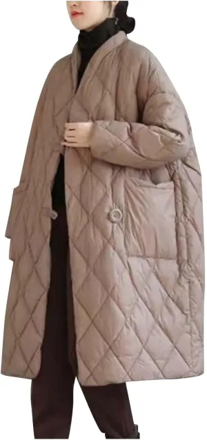 Puffer Jacket Womens Long Winter Long Sleeve Button with Pocket down Coats Casual Loose Lightweight Padded Outerwear