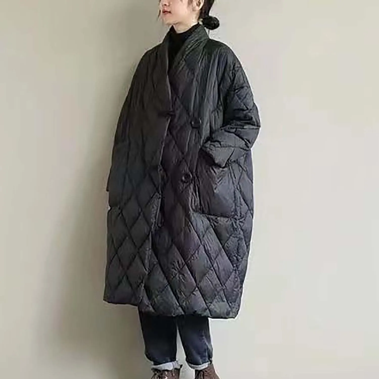 Puffer Jacket Womens Long Winter Long Sleeve Button with Pocket down Coats Casual Loose Lightweight Padded Outerwear