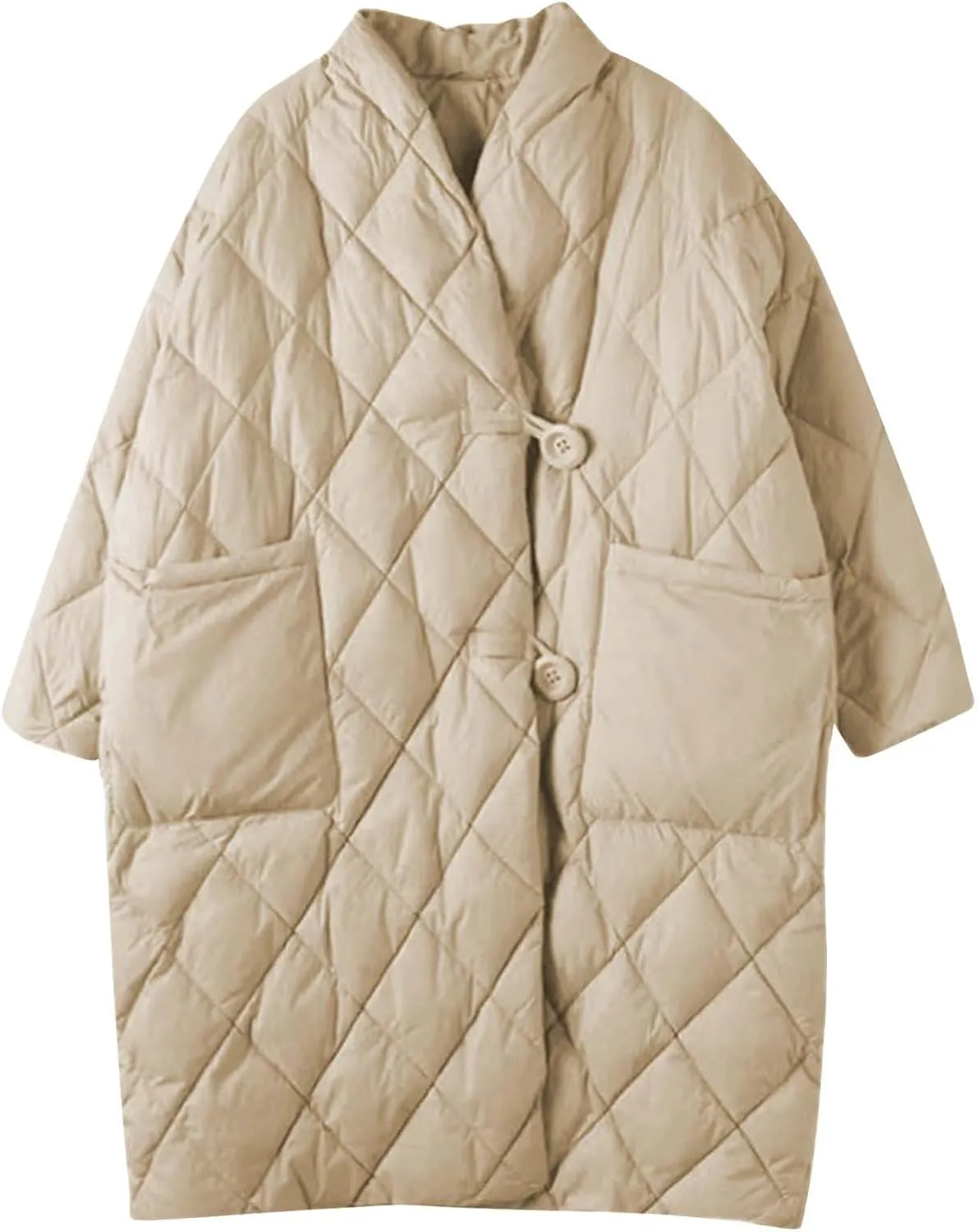 Puffer Jacket Womens Long Winter Long Sleeve Button with Pocket down Coats Casual Loose Lightweight Padded Outerwear