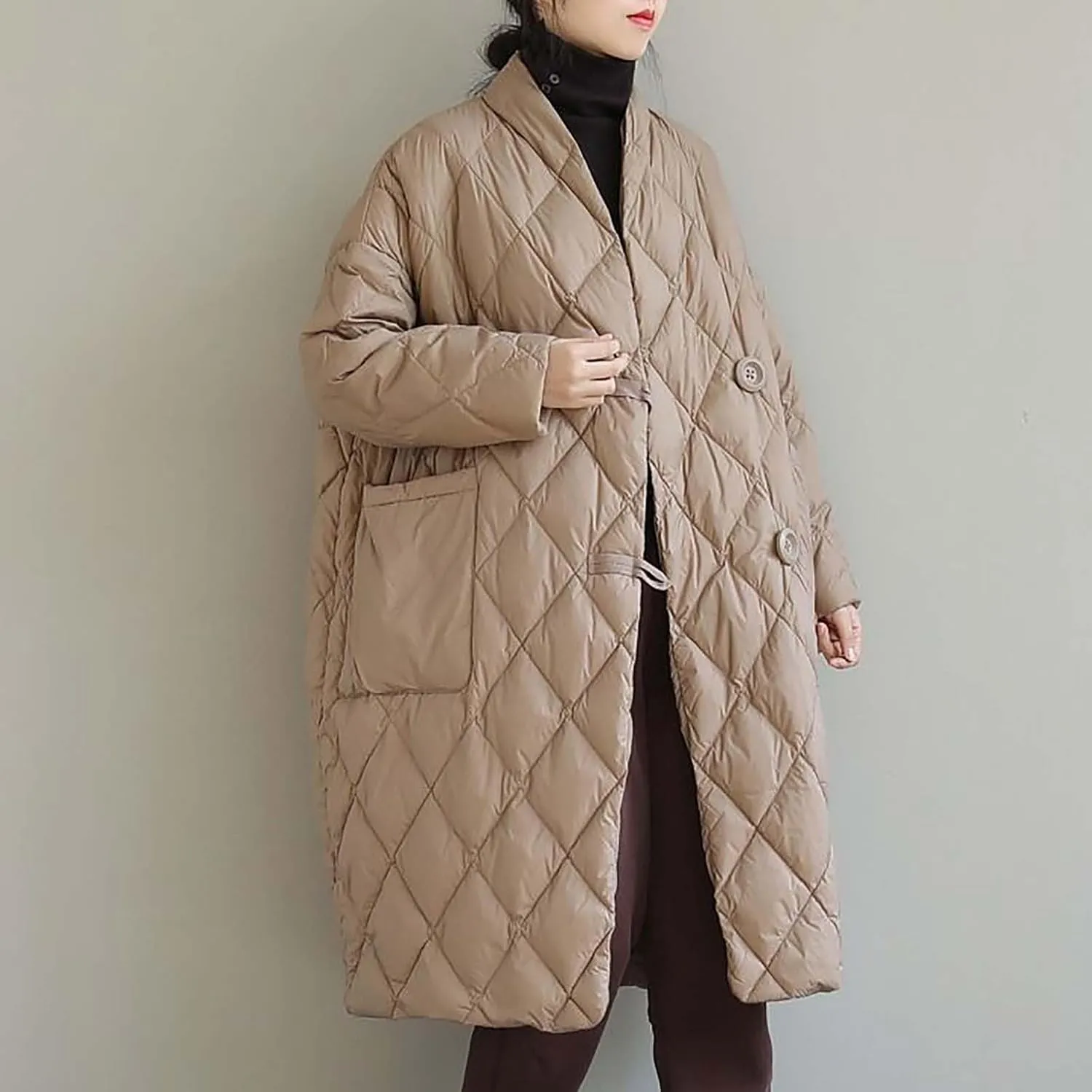 Puffer Jacket Womens Long Winter Long Sleeve Button with Pocket down Coats Casual Loose Lightweight Padded Outerwear
