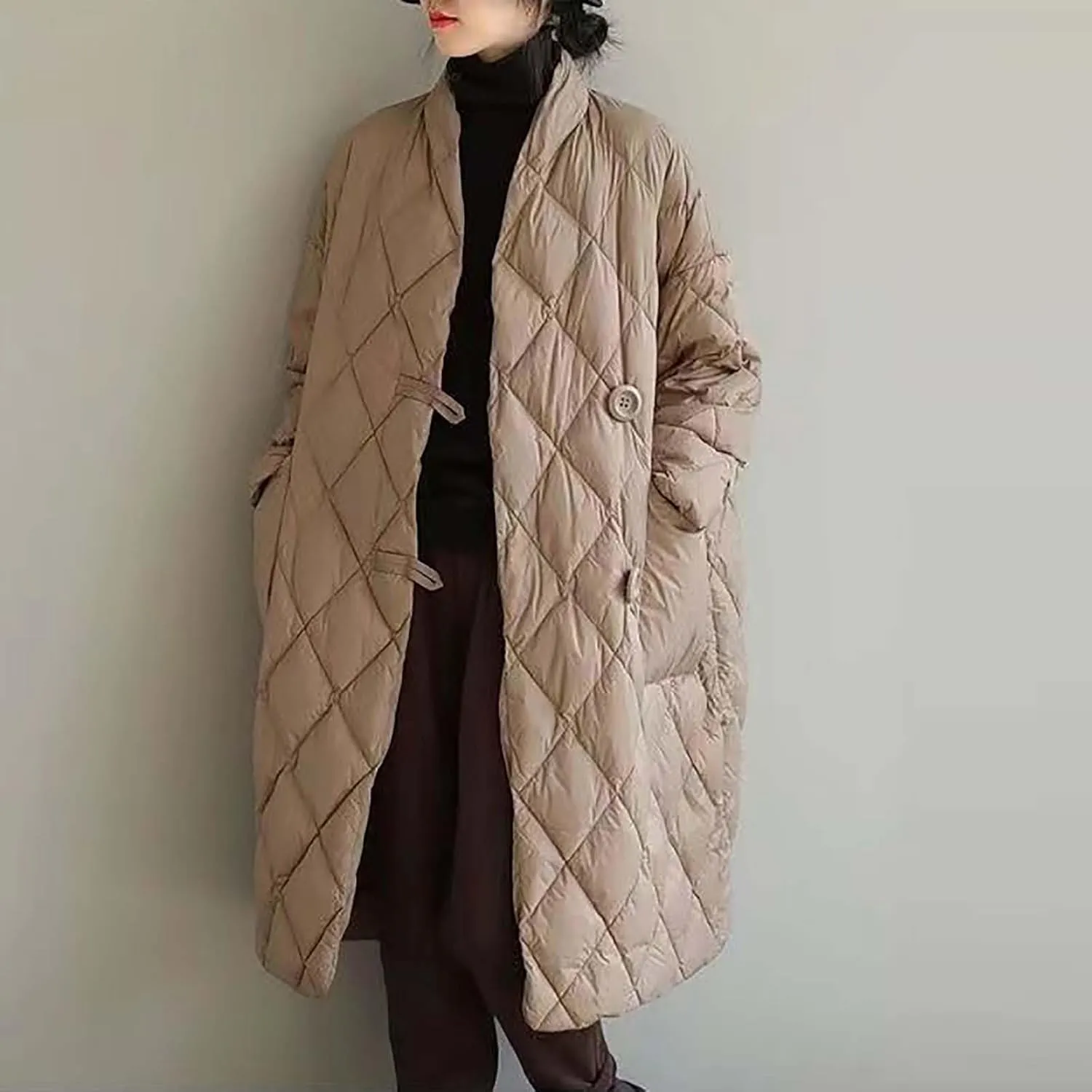 Puffer Jacket Womens Long Winter Long Sleeve Button with Pocket down Coats Casual Loose Lightweight Padded Outerwear