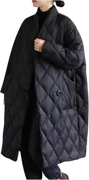 Puffer Jacket Womens Long Winter Long Sleeve Button with Pocket down Coats Casual Loose Lightweight Padded Outerwear