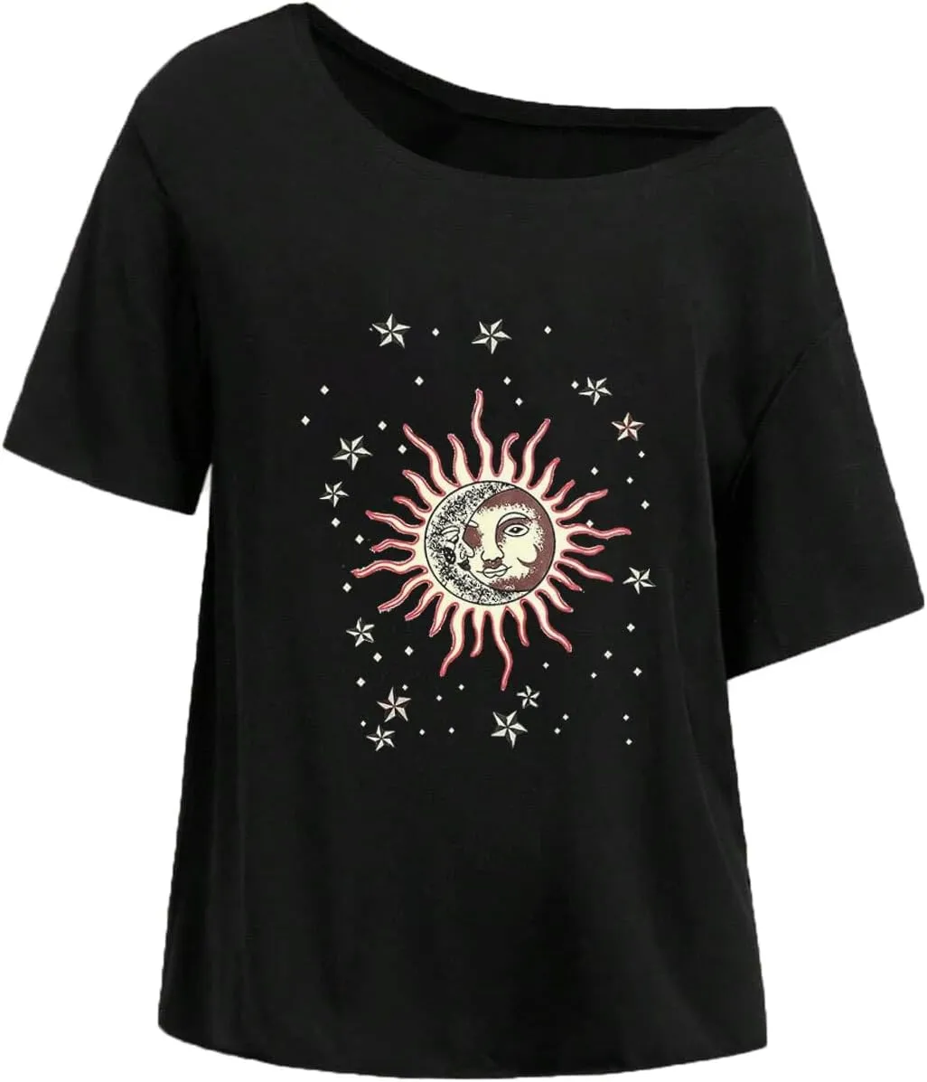 Remidoo Womens Off The Shoulder Top Oversized Tshirts Graphic Tee Short Sleeve Loose Shirt