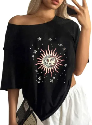 Remidoo Womens Off The Shoulder Top Oversized Tshirts Graphic Tee Short Sleeve Loose Shirt