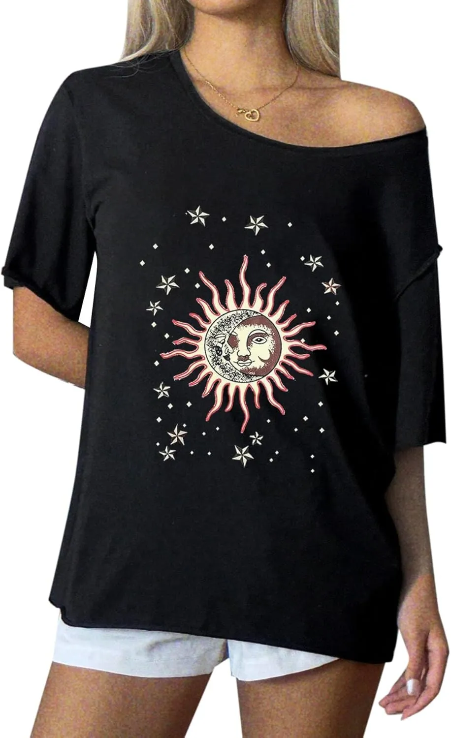 Remidoo Womens Off The Shoulder Top Oversized Tshirts Graphic Tee Short Sleeve Loose Shirt