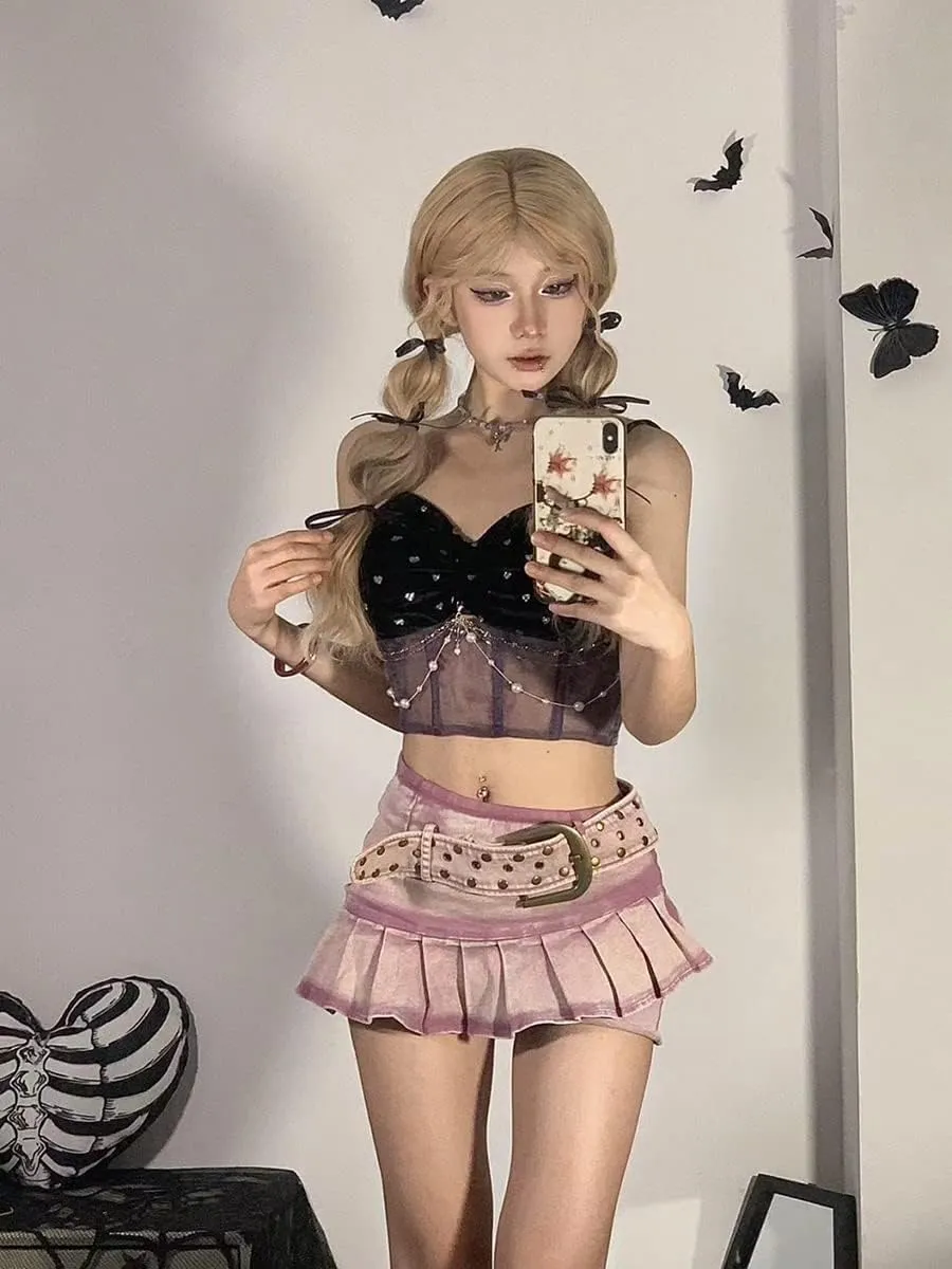 Rivets Belt Denim Skirt Pants Asymmetric Pleated Mini Built-in Shorts Purple Vintage Women