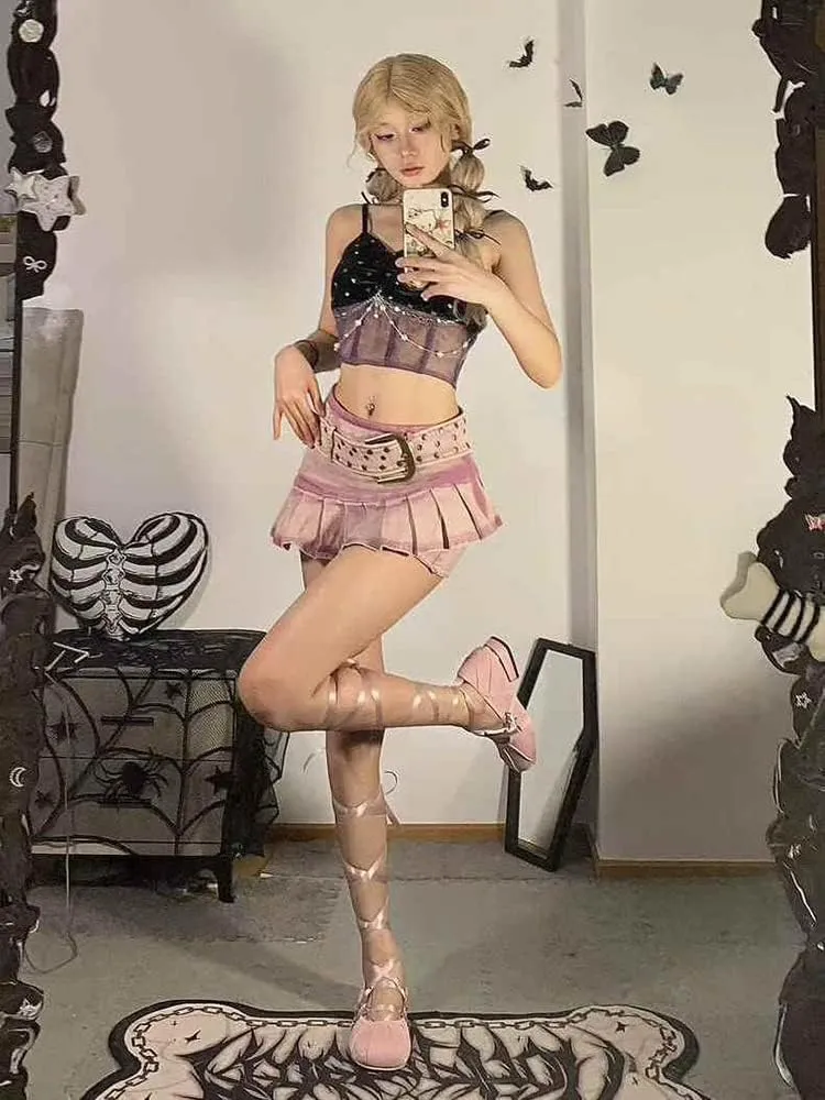 Rivets Belt Denim Skirt Pants Asymmetric Pleated Mini Built-in Shorts Purple Vintage Women