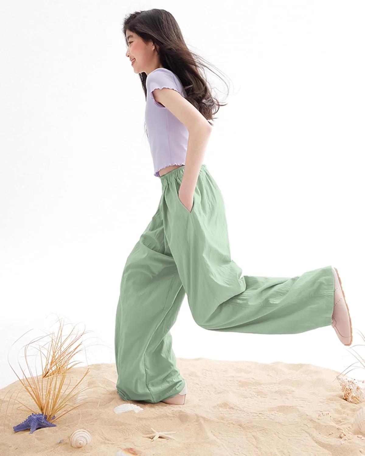 Rolanko Girls Wide Leg Pants Flowy Loose Fit Palazzo Pants for Girls Kids Linen Trousers Casual Beach 6-14Y