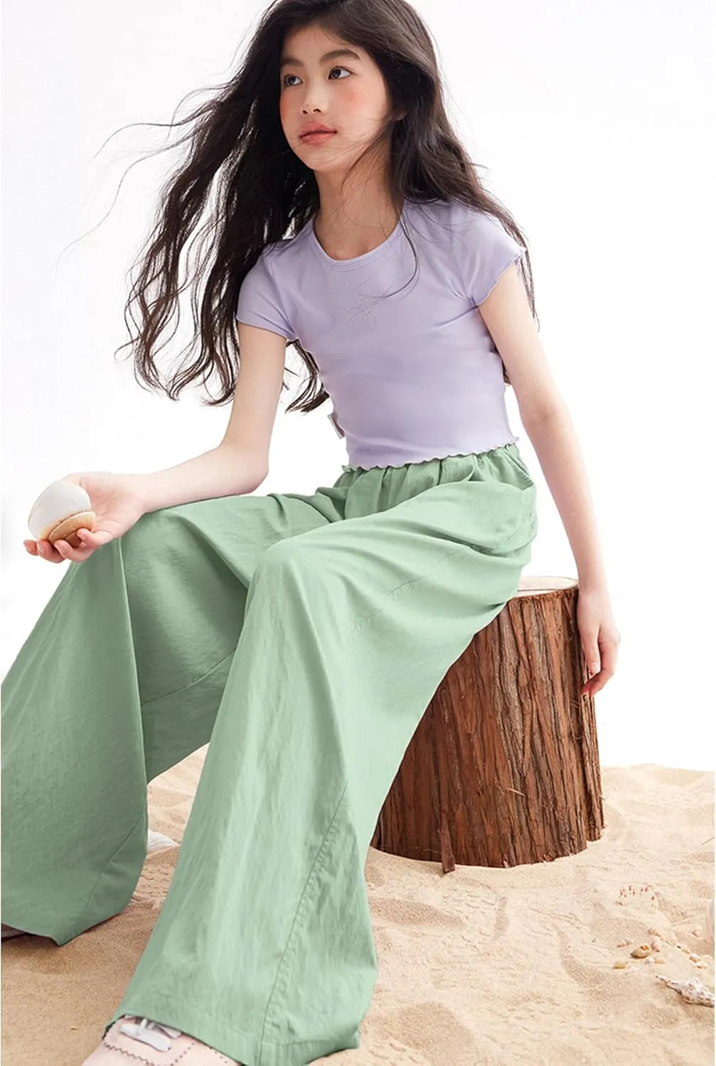 Rolanko Girls Wide Leg Pants Flowy Loose Fit Palazzo Pants for Girls Kids Linen Trousers Casual Beach 6-14Y