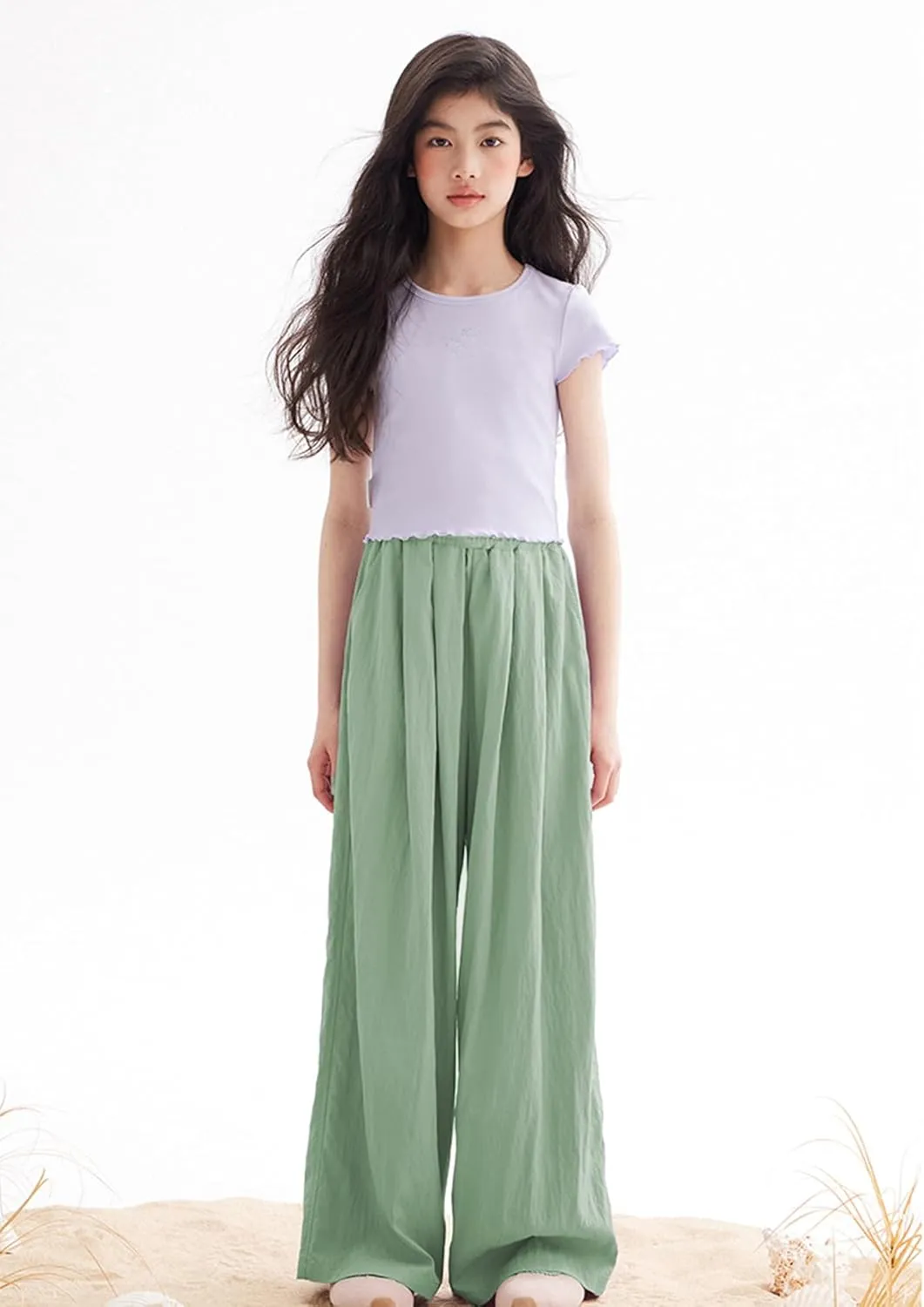 Rolanko Girls Wide Leg Pants Flowy Loose Fit Palazzo Pants for Girls Kids Linen Trousers Casual Beach 6-14Y