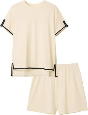 Rooscier Women's Knit Pajamas Sets Short Sleeve Pullover Tops Lounge Sets Outfits