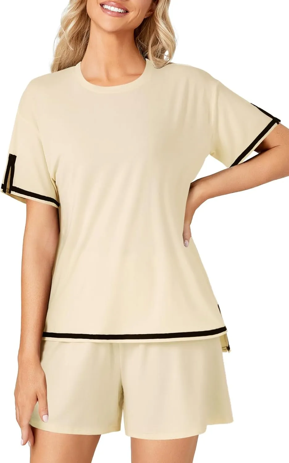 Rooscier Women's Knit Pajamas Sets Short Sleeve Pullover Tops Lounge Sets Outfits
