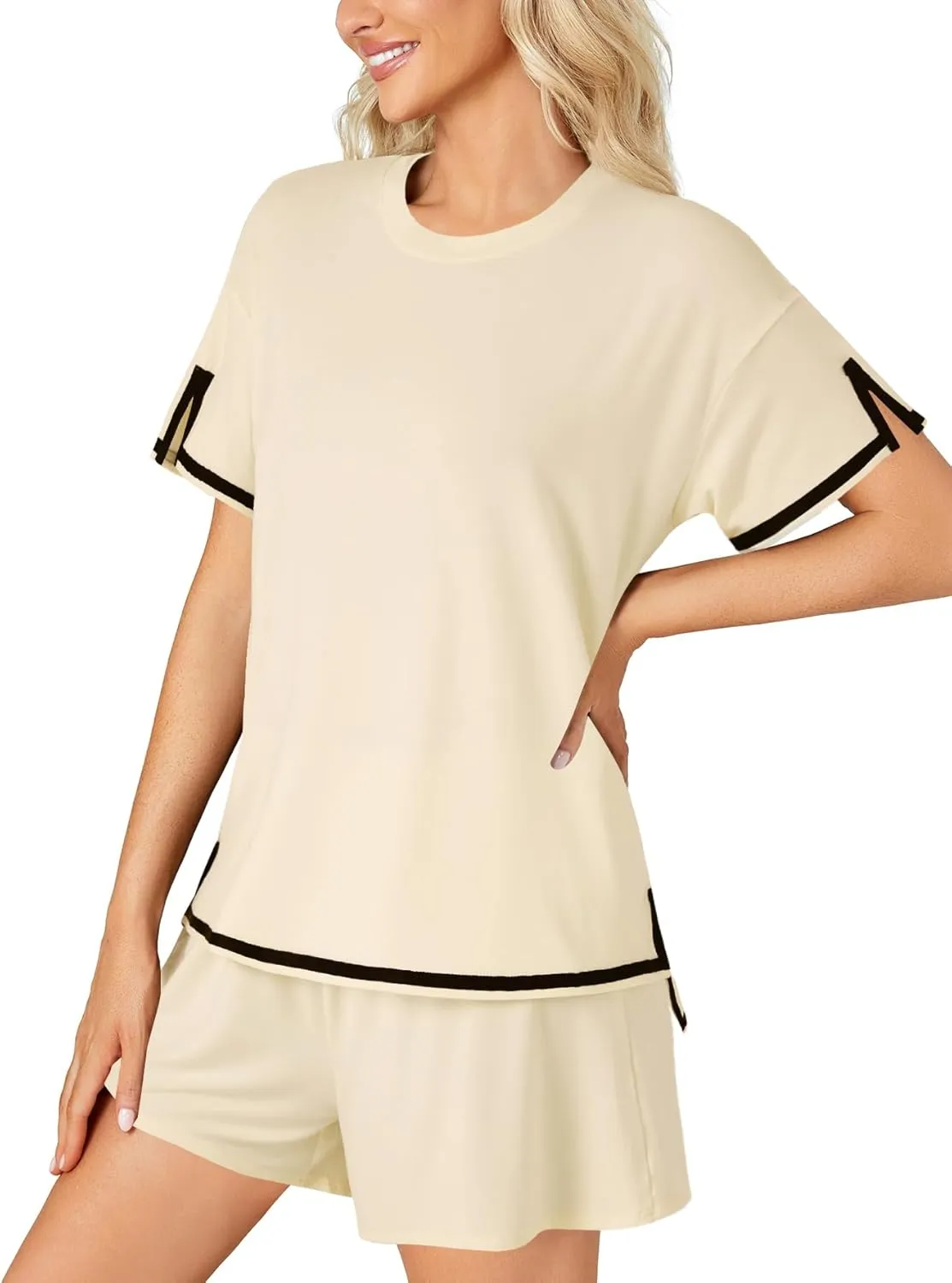 Rooscier Women's Knit Pajamas Sets Short Sleeve Pullover Tops Lounge Sets Outfits