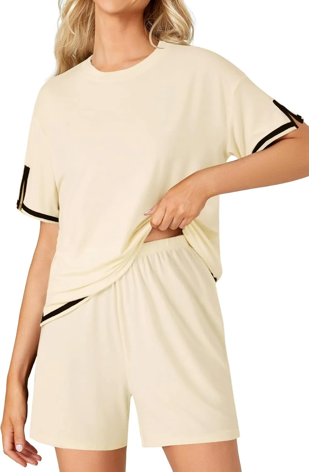 Rooscier Women's Knit Pajamas Sets Short Sleeve Pullover Tops Lounge Sets Outfits