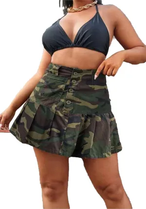Ruffle Pleated Mini Skirts for Women A-Line Button Down Sexy Camo Cargo Casual Short Skirt
