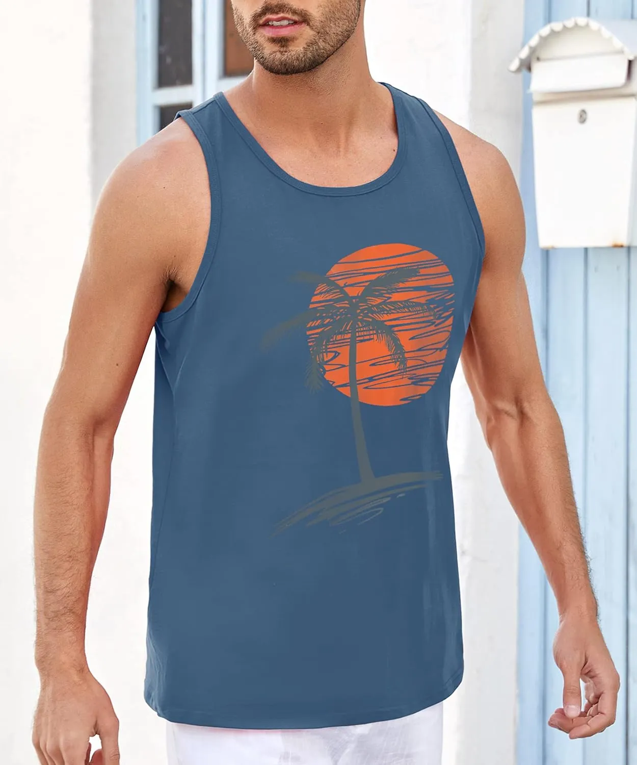 Runcati Mens Workout Tank Tops Gym Sleeveless Shirts Palm Tree Vintage Style T-Shirt