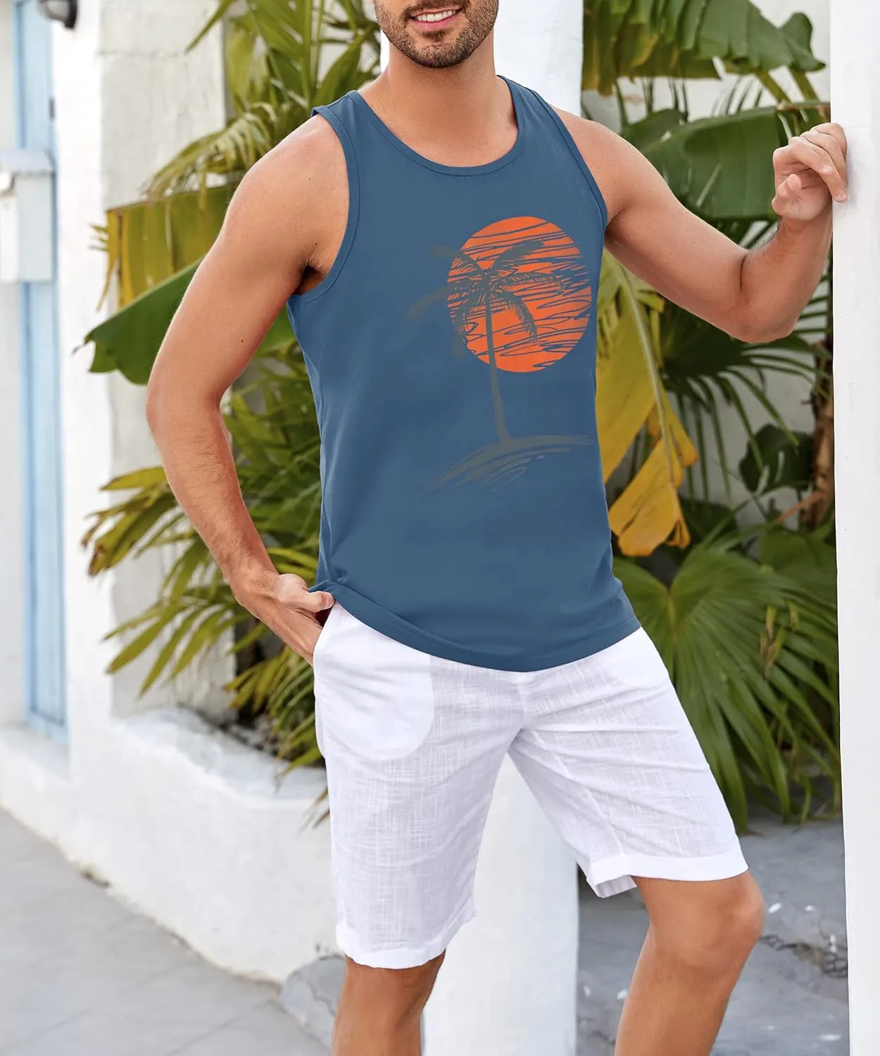 Runcati Mens Workout Tank Tops Gym Sleeveless Shirts Palm Tree Vintage Style T-Shirt