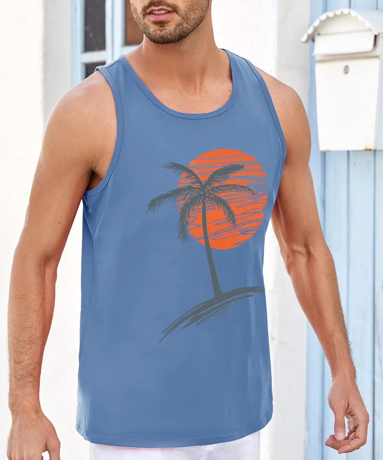 Runcati Mens Workout Tank Tops Gym Sleeveless Shirts Palm Tree Vintage Style T-Shirt