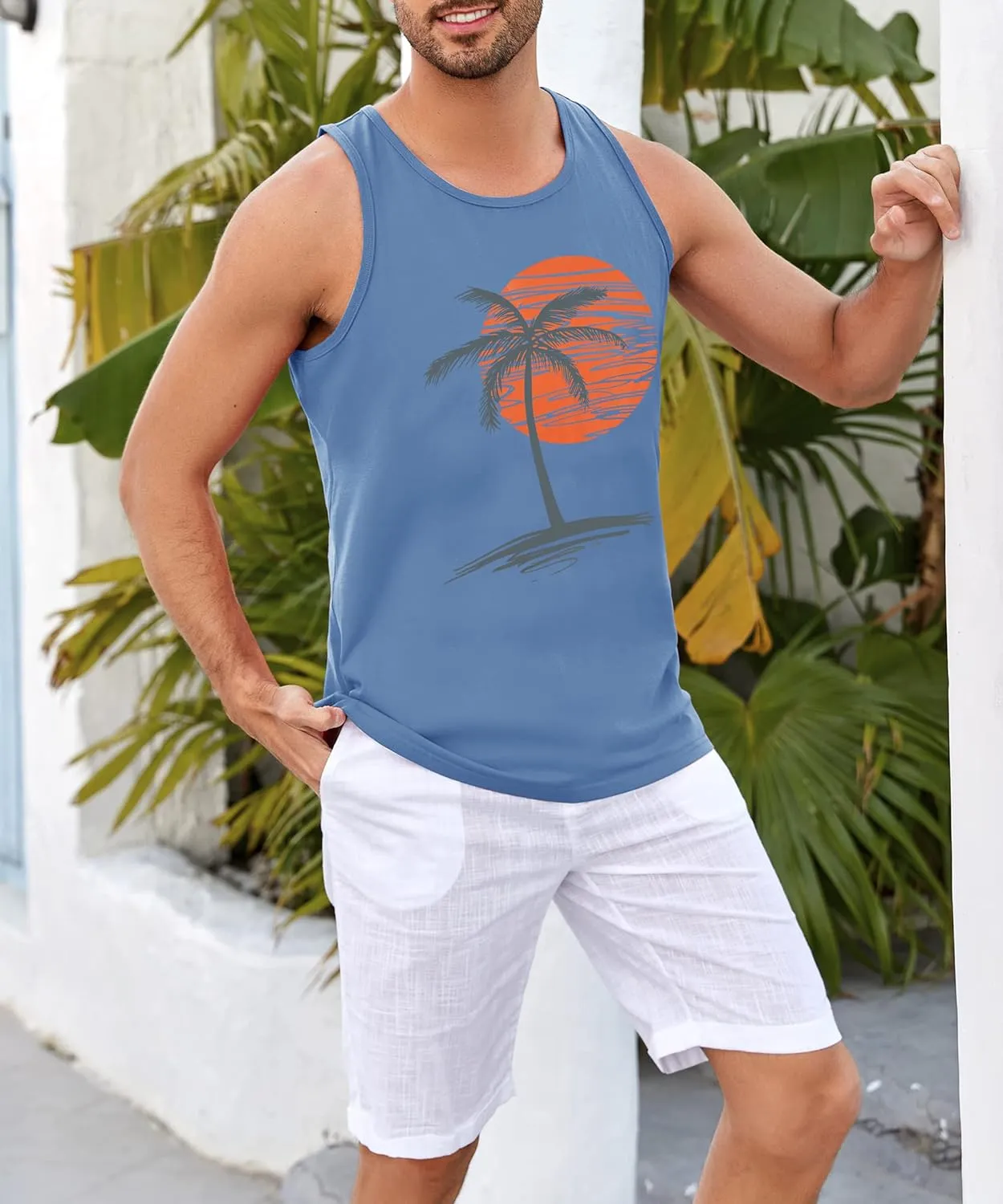 Runcati Mens Workout Tank Tops Gym Sleeveless Shirts Palm Tree Vintage Style T-Shirt
