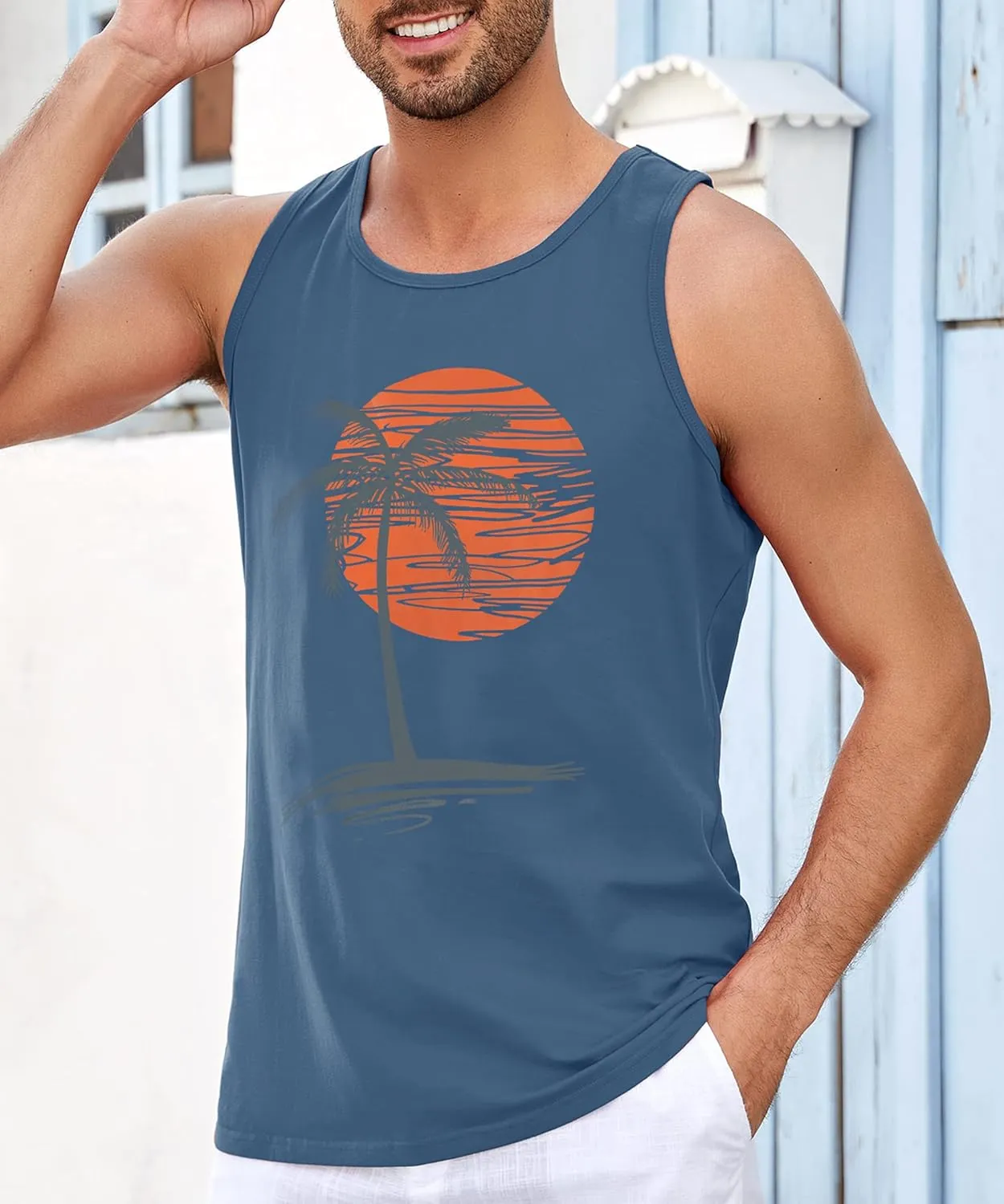 Runcati Mens Workout Tank Tops Gym Sleeveless Shirts Palm Tree Vintage Style T-Shirt