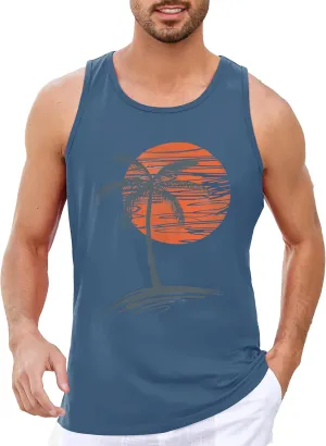 Runcati Mens Workout Tank Tops Gym Sleeveless Shirts Palm Tree Vintage Style T-Shirt