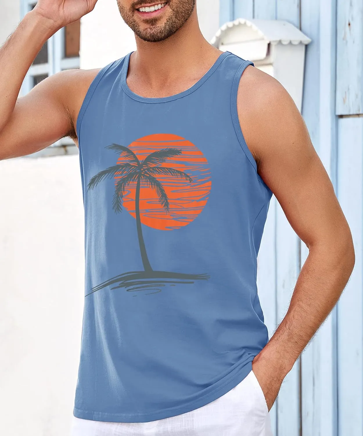 Runcati Mens Workout Tank Tops Gym Sleeveless Shirts Palm Tree Vintage Style T-Shirt