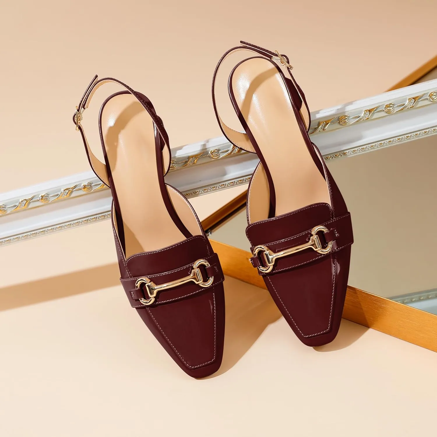 SAMMITOP Women Slingback Low Chunky Heels Loafer Pumps Metal Buckle Block Heeled Sandals Closed Square Toe Dress Shoes Work Office Casual 2.5 Inch