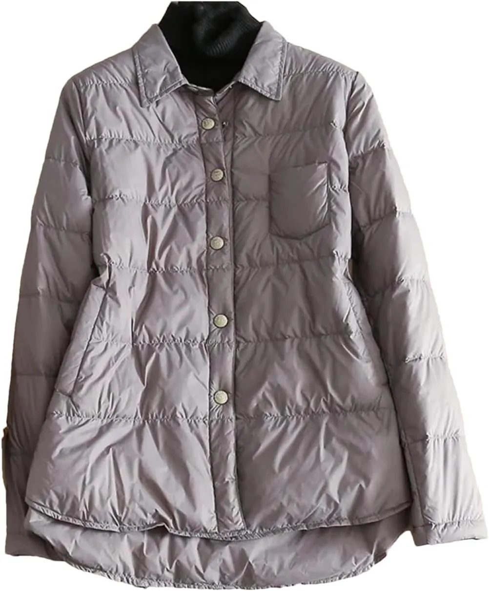 SaoBiiu Women Ultra Light Down Short Jacket Vintage Puffer Parkas Shirt Collar Coat Irregular Loose Outwear