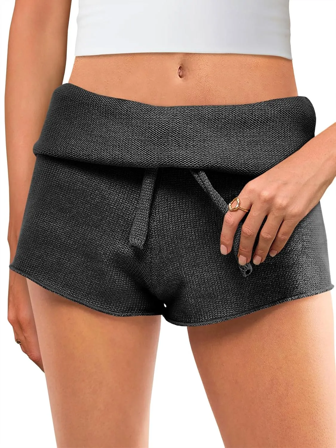 Saodimallsu Womens Foldover Lounge Shorts High Waisted Drawstring Casual Summer Knit Beach Cover Up Shorts