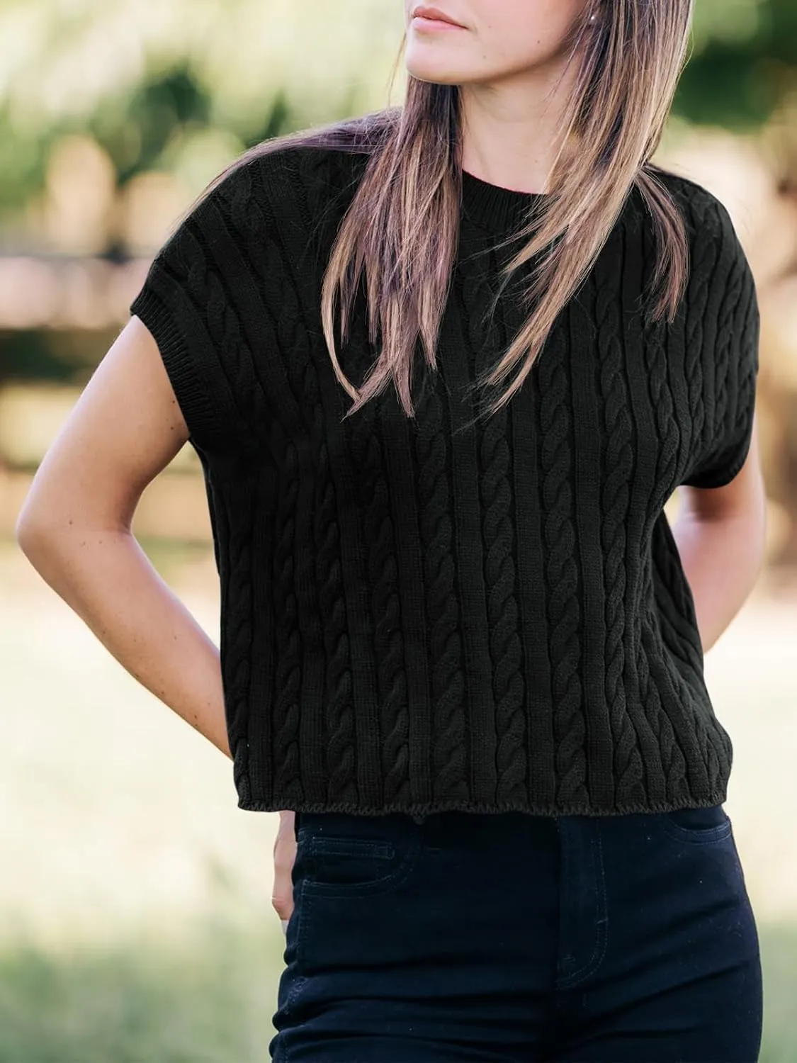 Saodimallsu Womens Summer Crewneck Crop Tops Casual Loose Fit Cable Knit Pullover Sweater