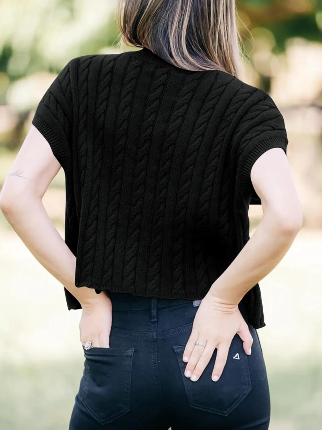 Saodimallsu Womens Summer Crewneck Crop Tops Casual Loose Fit Cable Knit Pullover Sweater